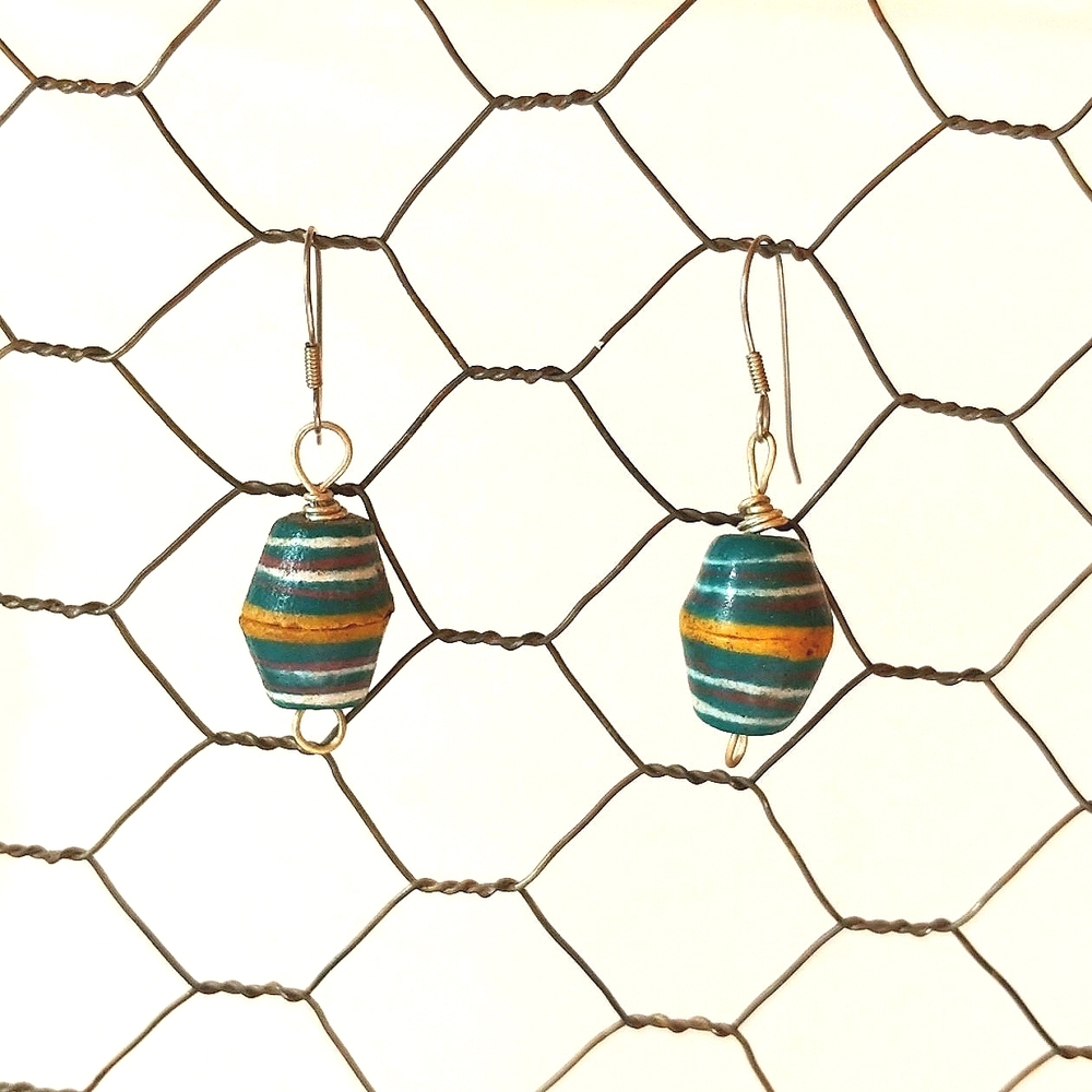 Vintage Earrings Bead Jewelry Handmade Pierced Earrings Green Yellow